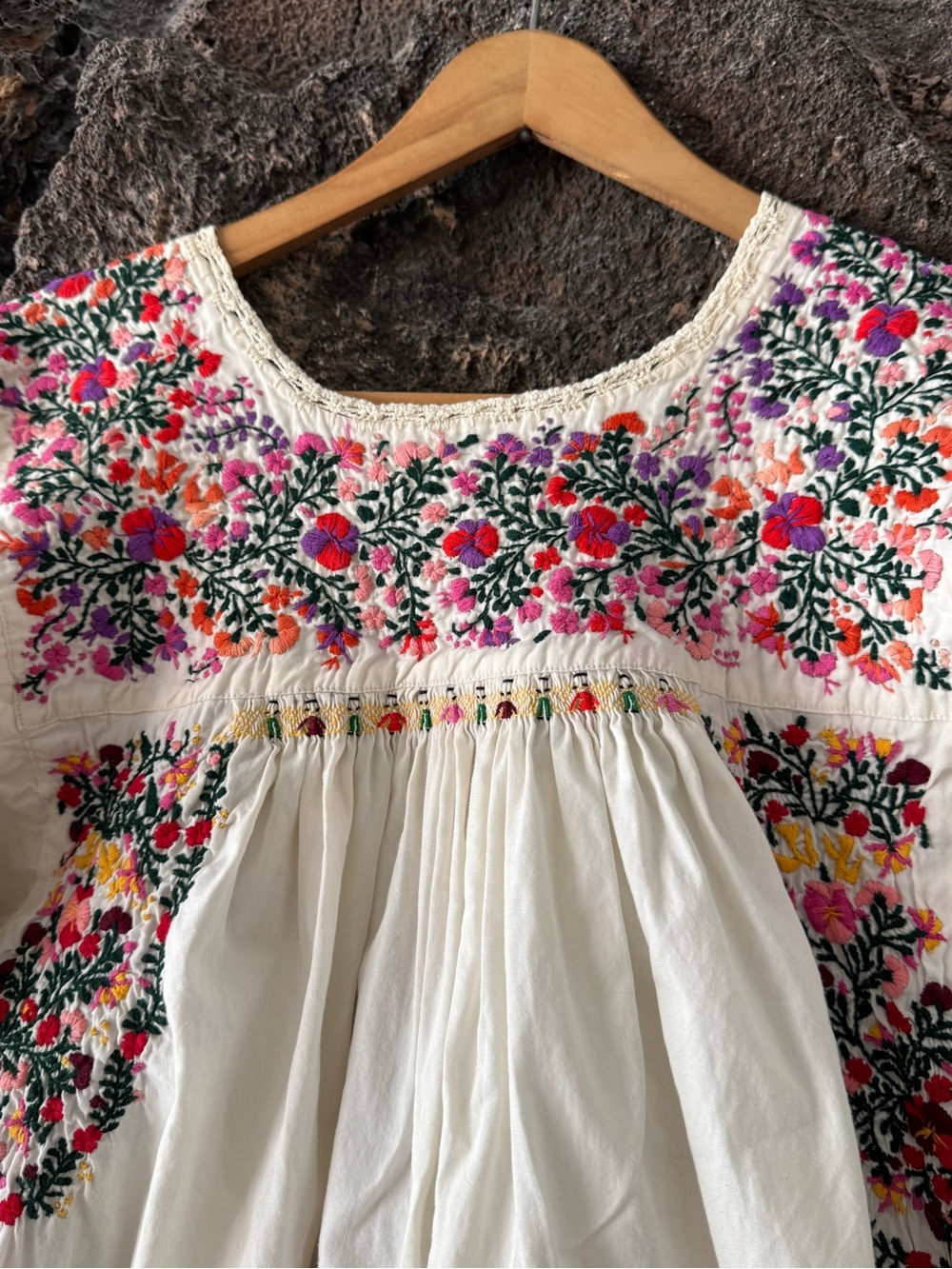 Vintage 60s 70s Cotton Oaxacan Maxi Dress w/ Colorful Floral Hand-Embroidery Med - Picture 4 of 16
